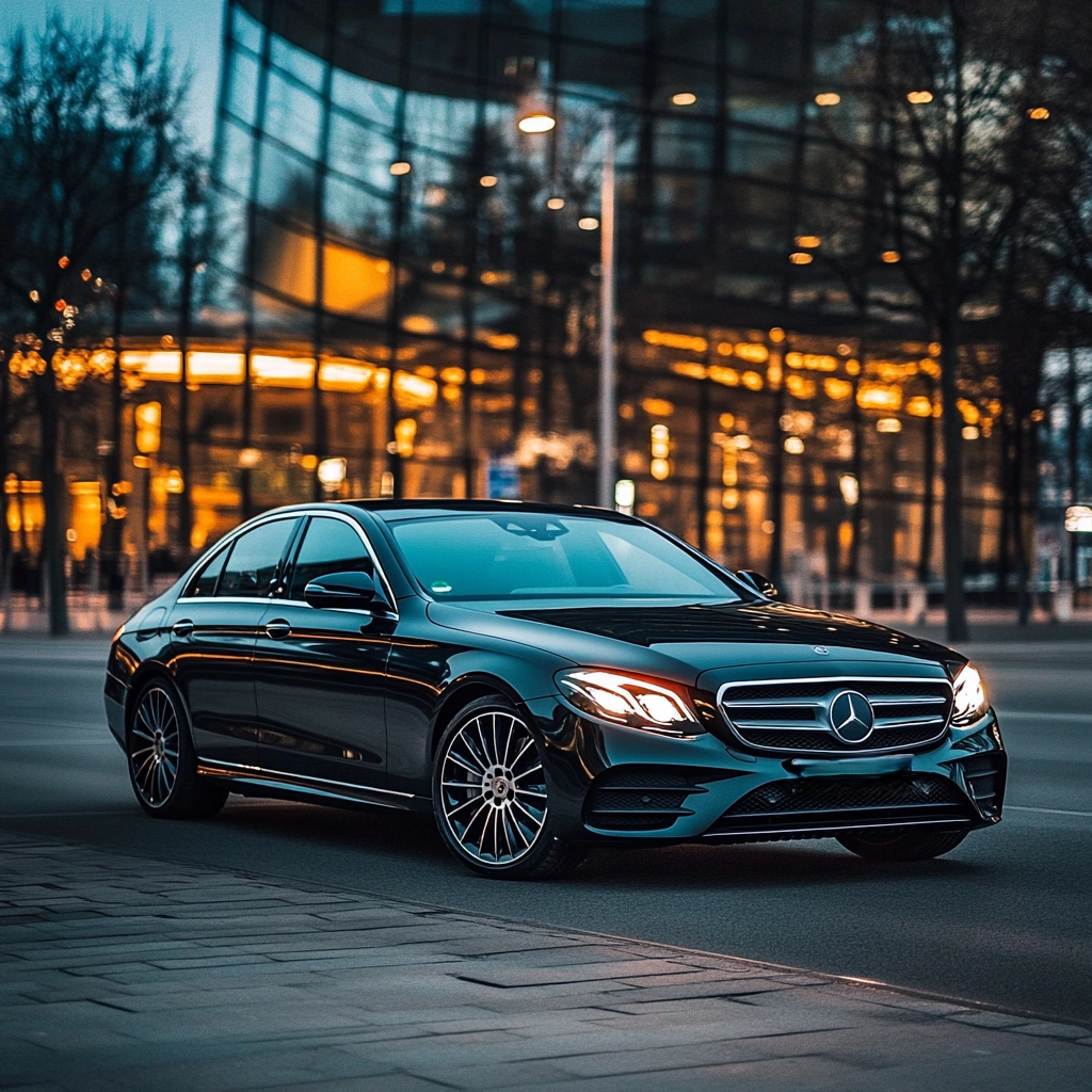 Mercedes sedan at night outside a Berlin landmark