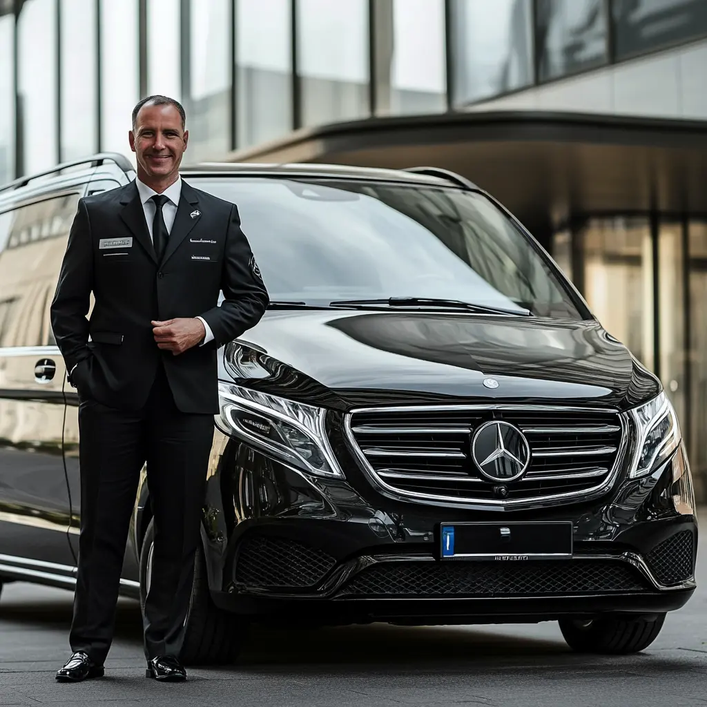 Berlin Chauffeur driver with a Mercedes V-Class at a hotel