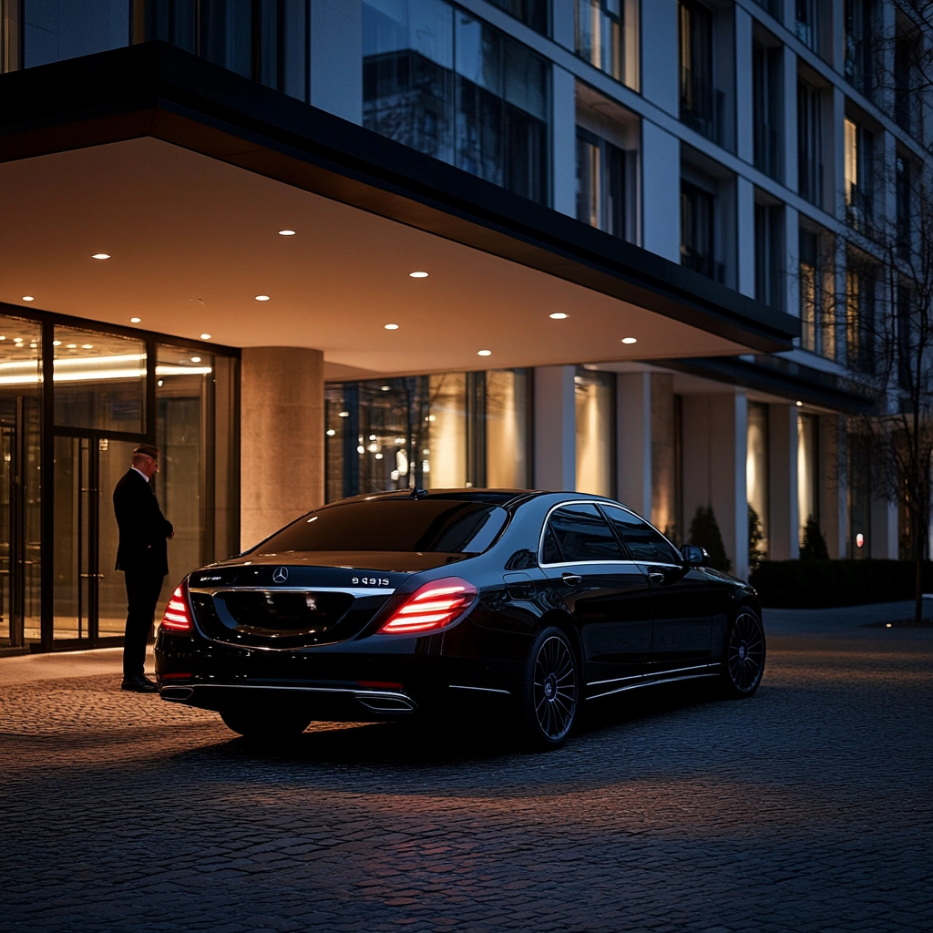 Chauffeur opening the door of a black Mercedes in Berlin