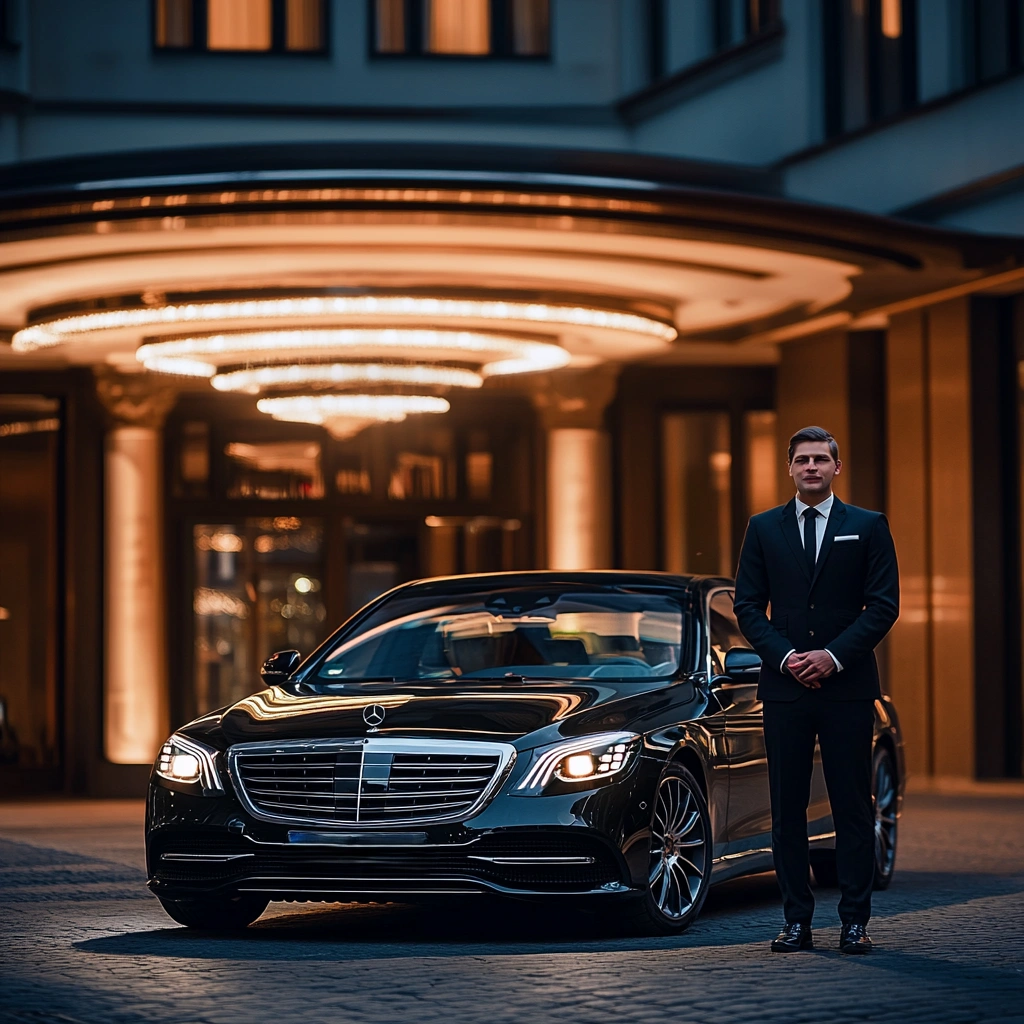 Chauffeur standing beside a Mercedes at a grand hotel entrance