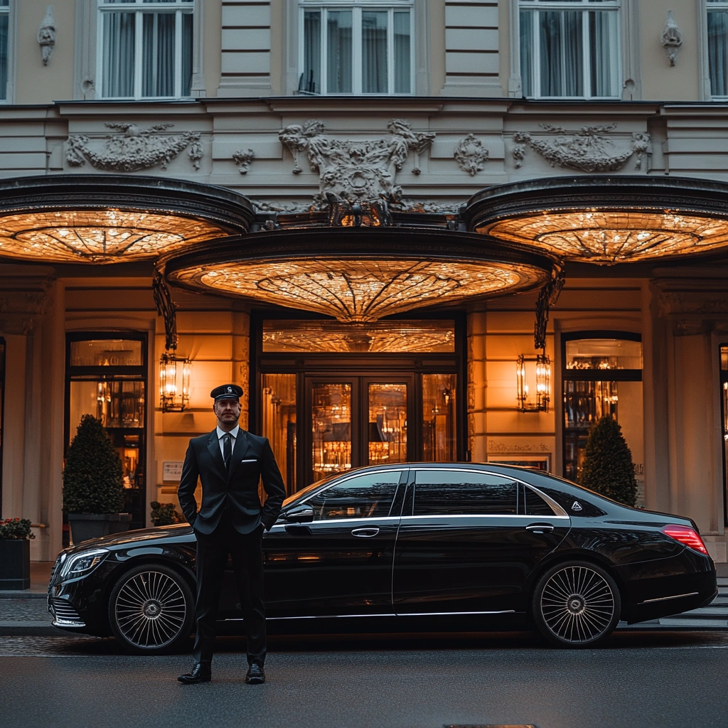 Chauffeur with a Mercedes S-Class outside a Berlin hotel at night