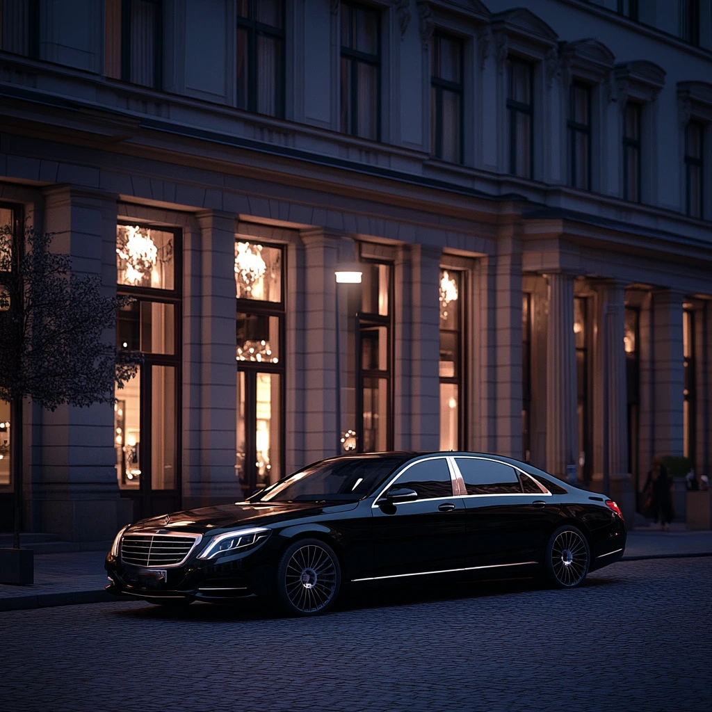 Executive sedan with chauffeur outside a Berlin office building