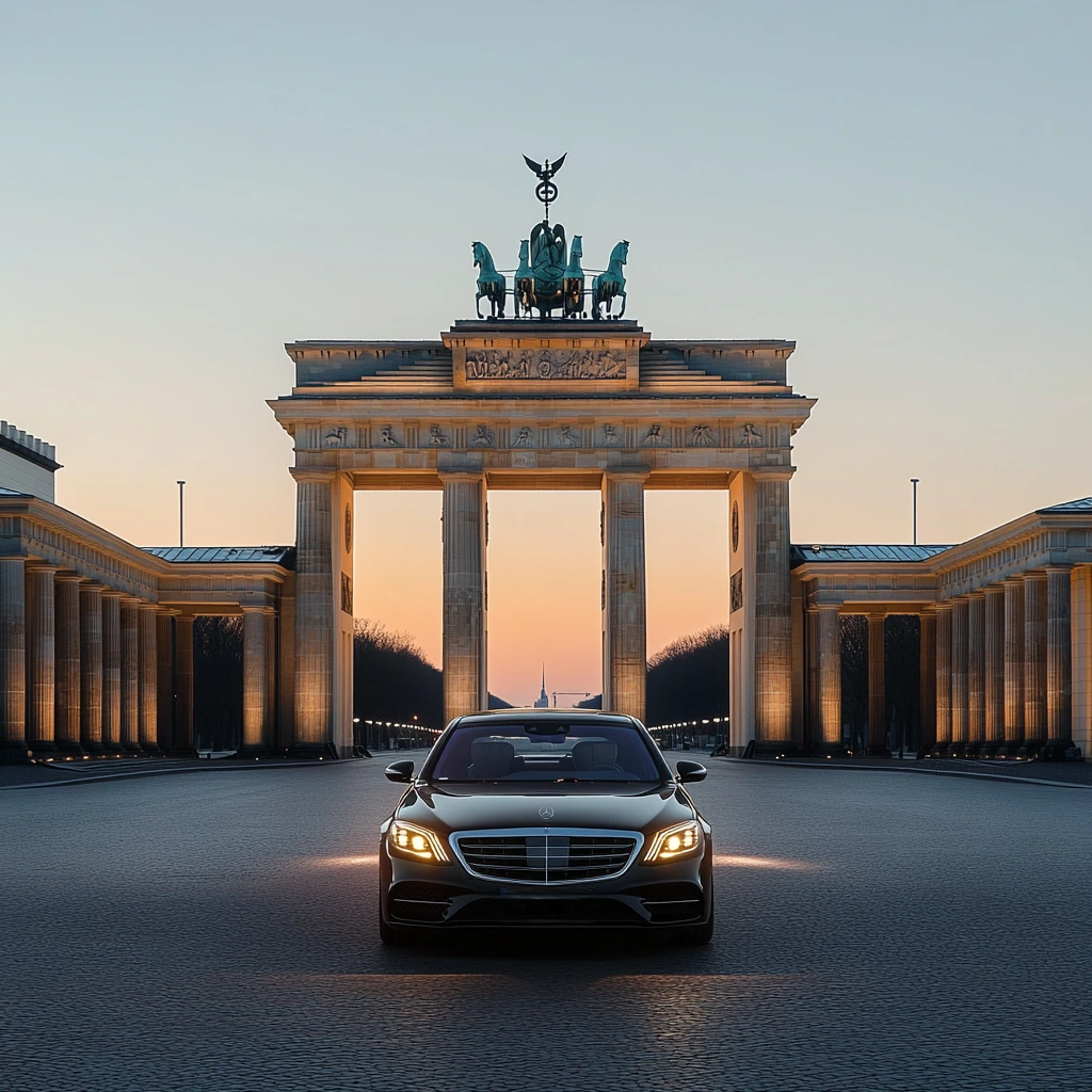 Mercedes sedan in front of the Brandenburg Gate at dusk