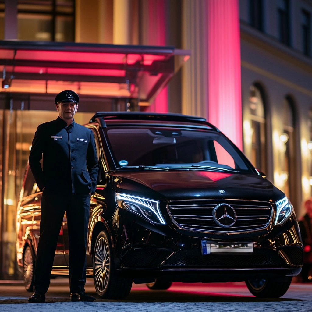 Chauffeur and Mercedes V-Class outside a Berlin club at night