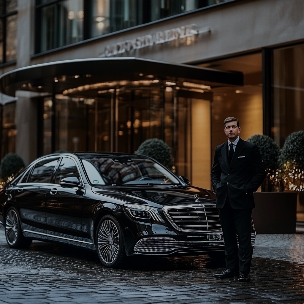 Chauffeur beside a Mercedes S-Class outside an event venue
