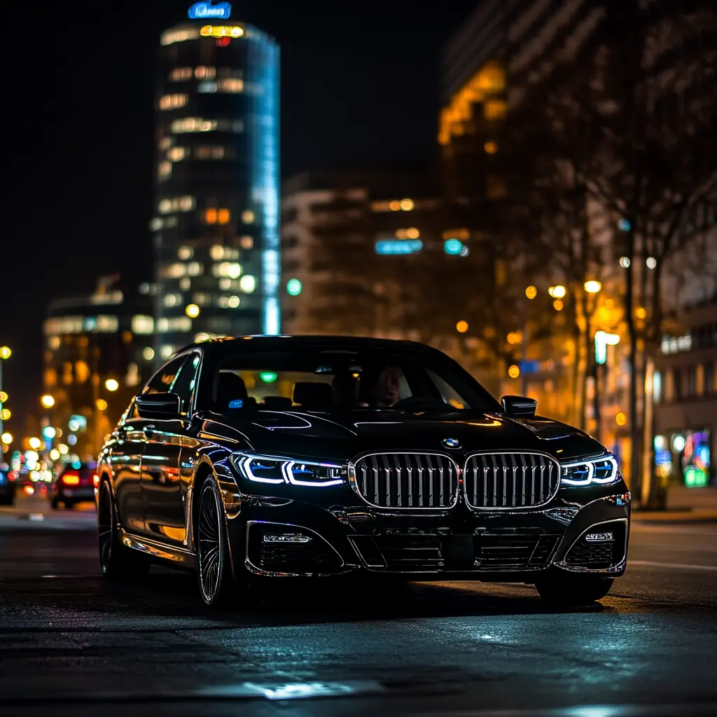 BMW limousine in Berlin at night