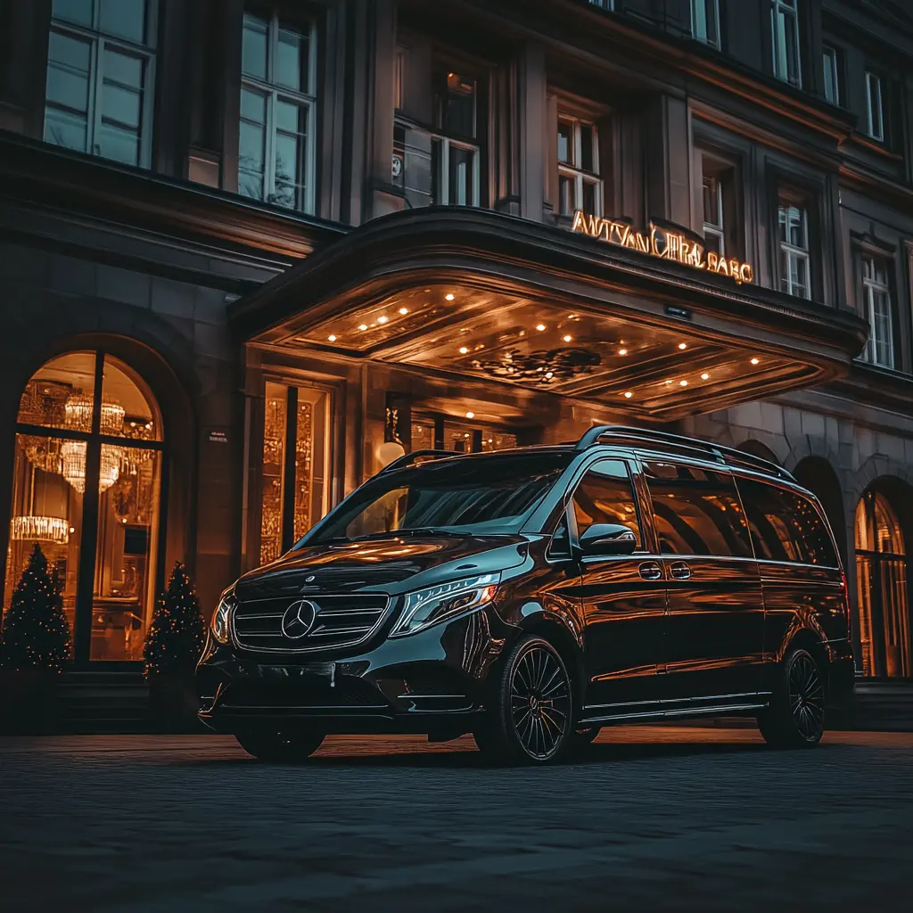 Mercedes V-Class at a luxury hotel entrance in Berlin