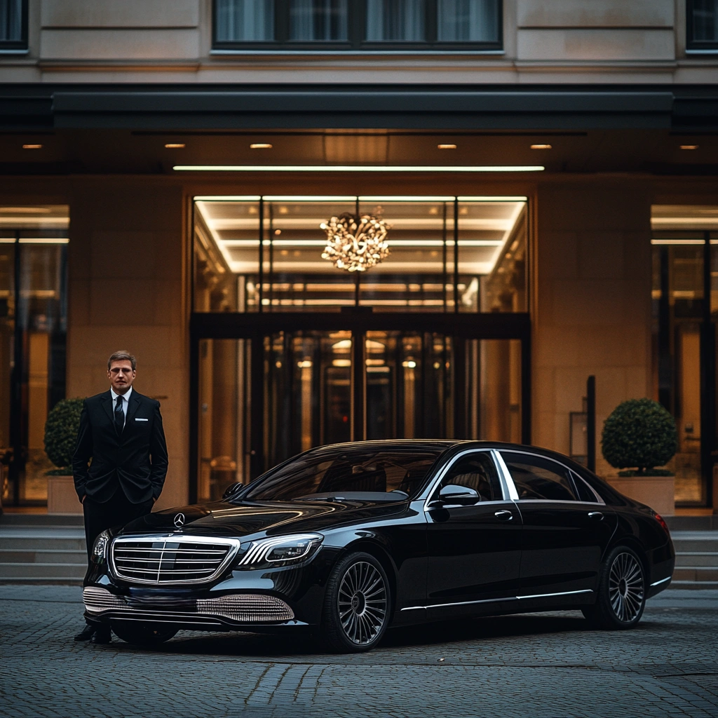 Uniformed Berlin Chauffeur driver beside a Mercedes S-Class